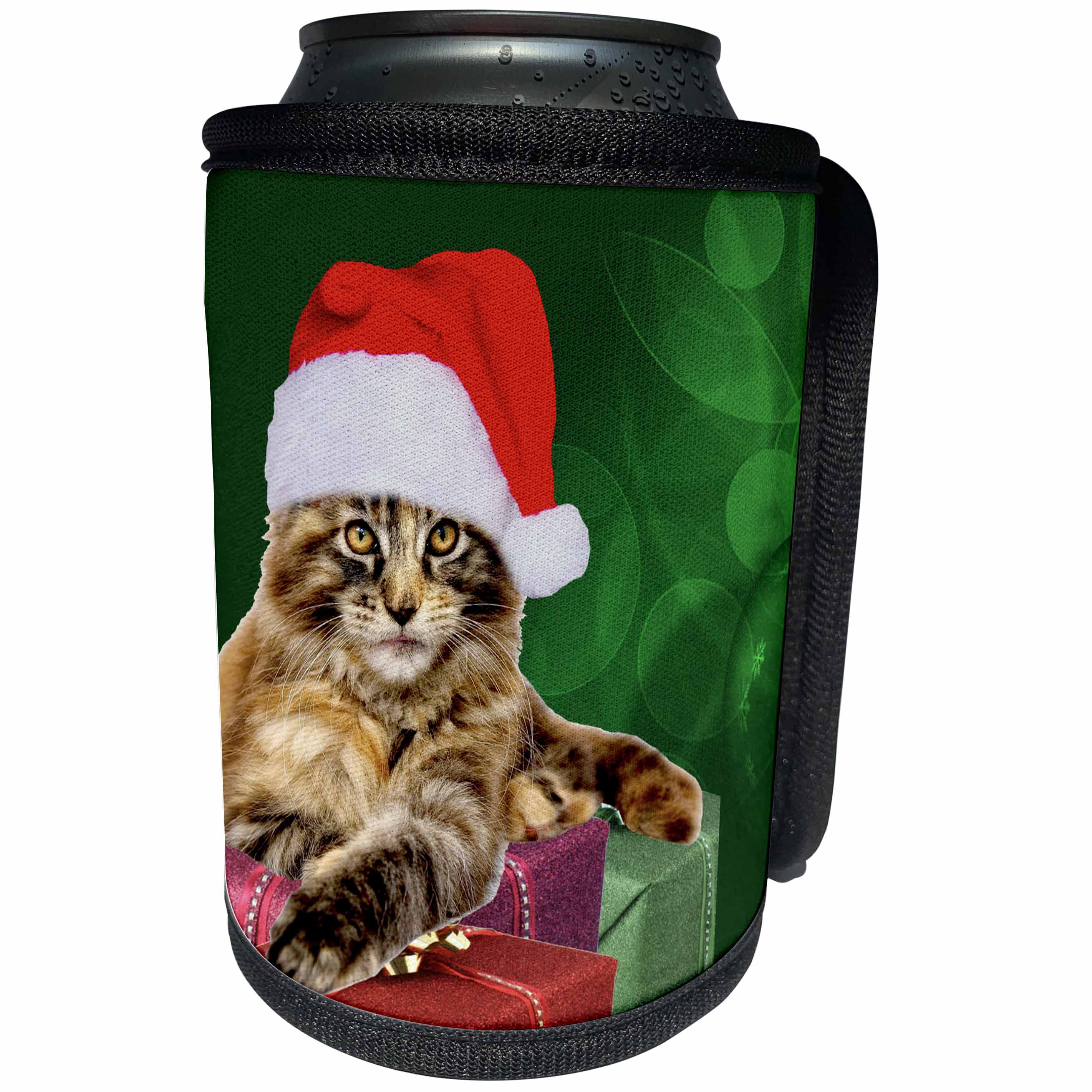 3dRose Sandy Mertens Christmas Animals - Maine Coon Cat Wearing Santa Hat, Christmas Gifts, Green Background - Can Cooler Bottle Wrap (cc_269533)