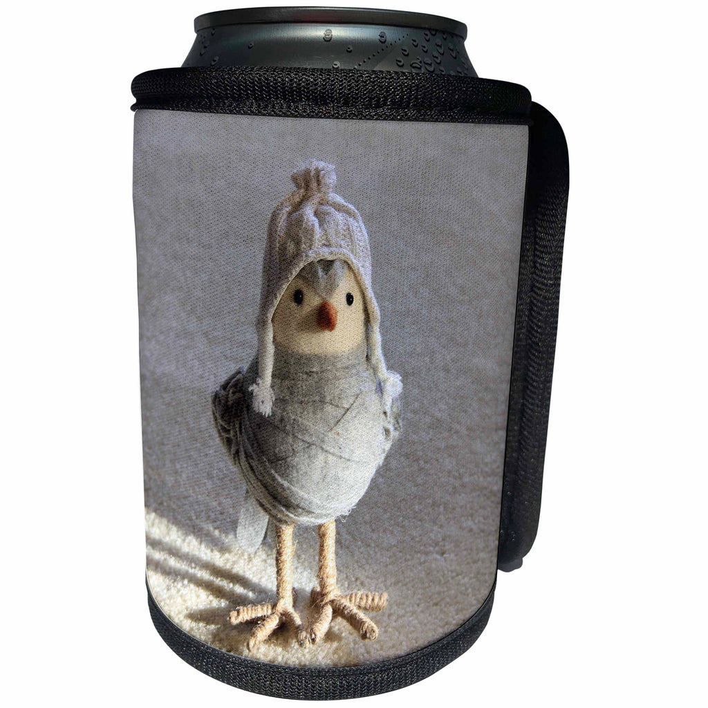 3dRose Sandy Mertens Christmas Animals - Toy Craft Bird Wearing Crochet Hat in a Fake Snow Scene - Can Cooler Bottle Wrap (cc_269542)