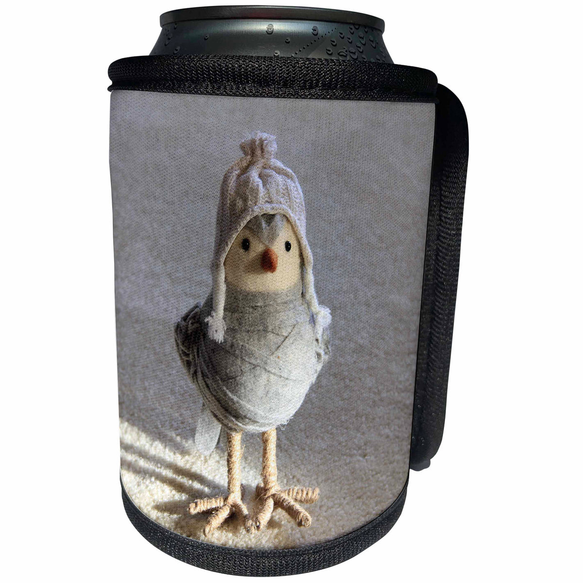 3dRose Sandy Mertens Christmas Animals - Toy Craft Bird Wearing Crochet Hat in a Fake Snow Scene - Can Cooler Bottle Wrap (cc_269542)