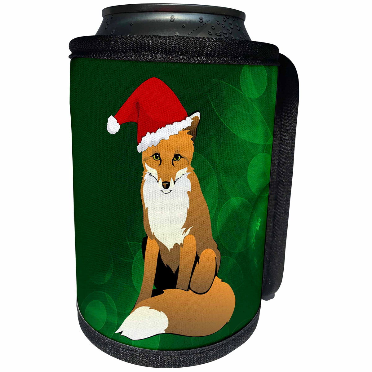 3dRose Sandy Mertens Christmas Animals - Christmas Hat on Cartoon Fox with Green Ornament Background - Can Cooler Bottle Wrap (cc_269544)