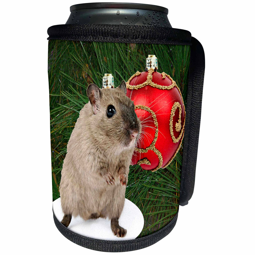 3dRose Sandy Mertens Christmas Animals - Gerbil with Red Ornament and Pine Needles Background - Can Cooler Bottle Wrap (cc_269545)