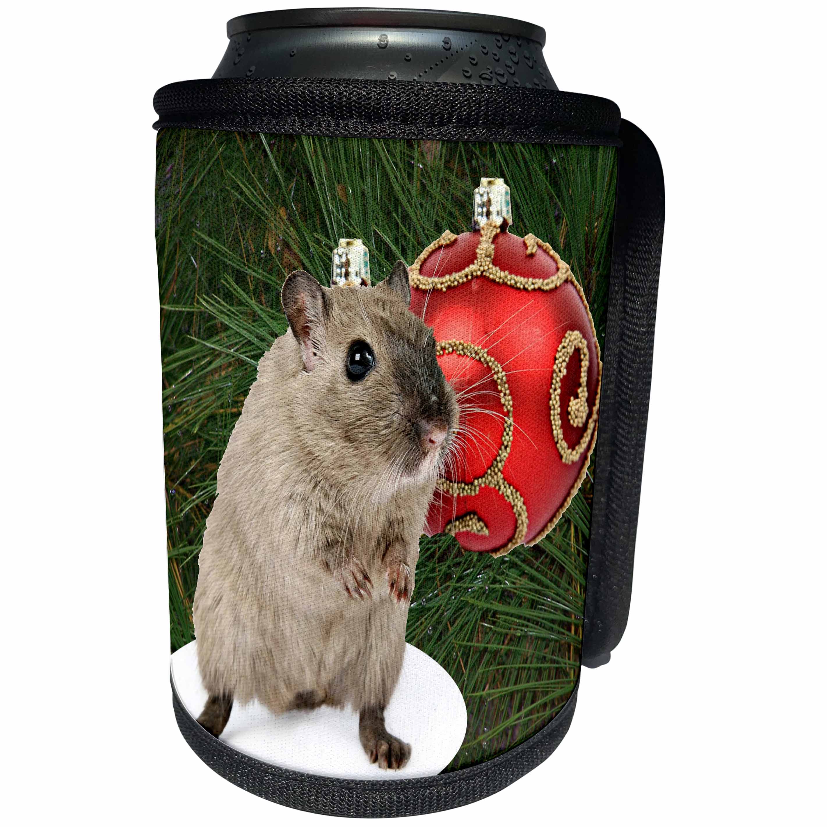 3dRose Sandy Mertens Christmas Animals - Gerbil with Red Ornament and Pine Needles Background - Can Cooler Bottle Wrap (cc_269545)