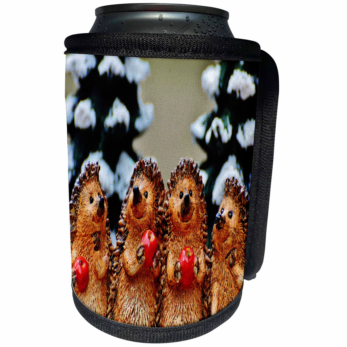 3dRose Sandy Mertens Christmas Animals - Four Hedgehog Figurines in Front of Snow Covered Pine Trees Image - Can Cooler Bottle Wrap (cc_269546)