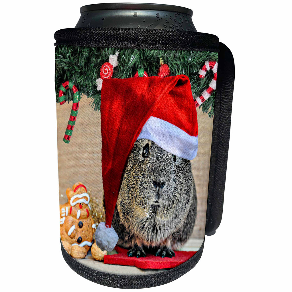 3dRose Sandy Mertens Christmas Animals - Santa Hat on Guinea Pig, Pine Needles, Candy Canes and Santa Cookie - Can Cooler Bottle Wrap (cc_269547)