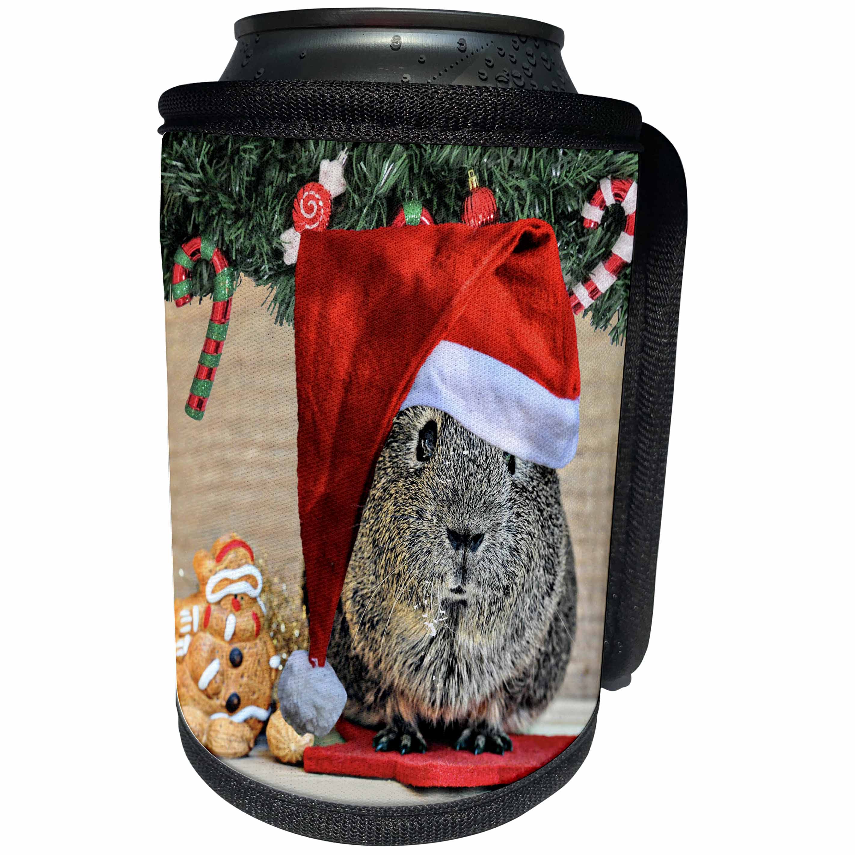 3dRose Sandy Mertens Christmas Animals - Santa Hat on Guinea Pig, Pine Needles, Candy Canes and Santa Cookie - Can Cooler Bottle Wrap (cc_269547)