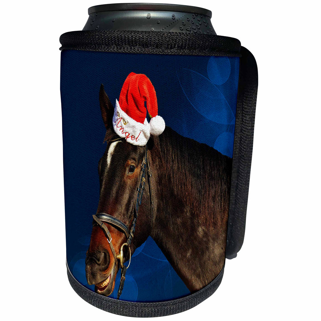 3dRose Sandy Mertens Christmas Animals - Santa Hat on Horse Named Angel with a Blue Christmas Background - Can Cooler Bottle Wrap (cc_269548)