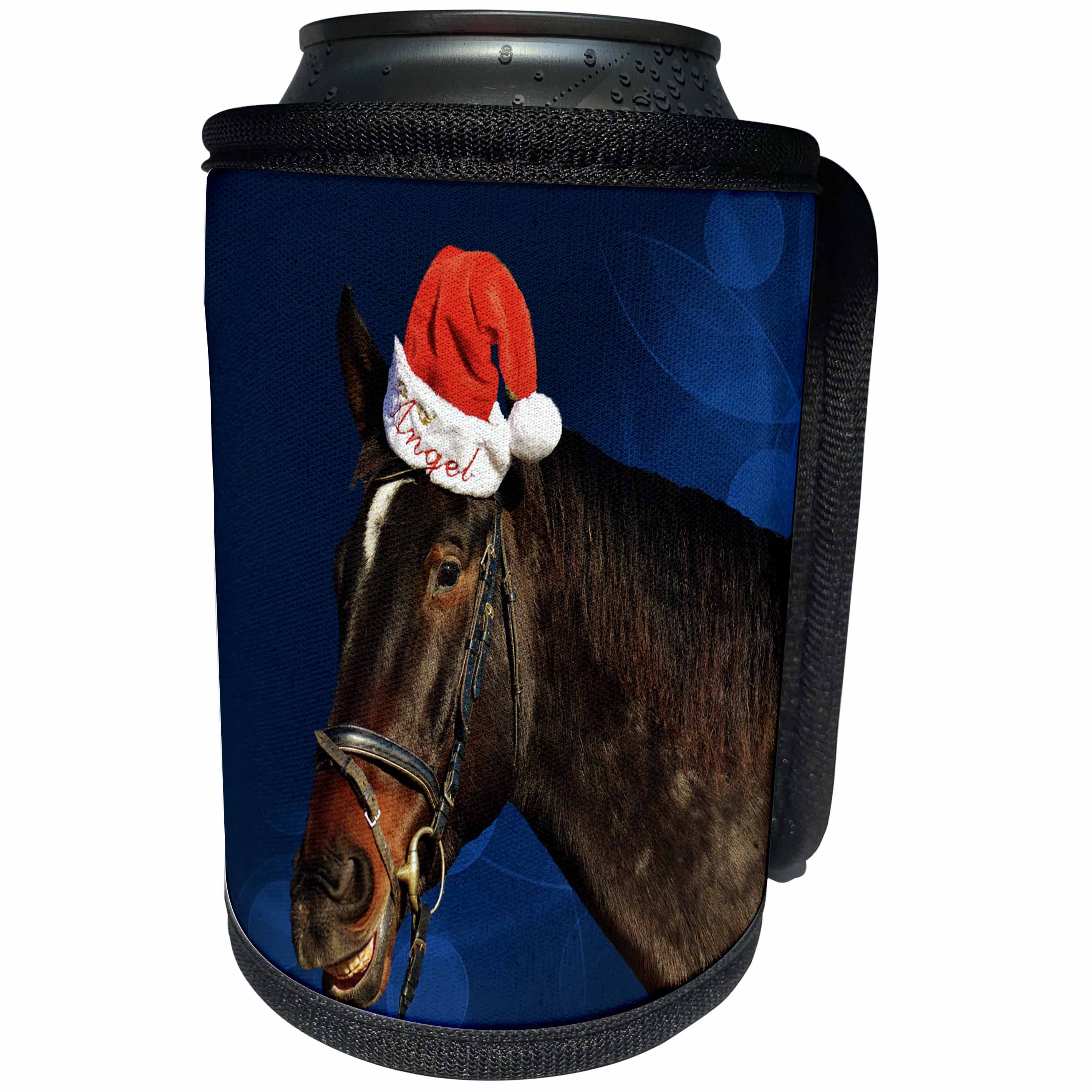 3dRose Sandy Mertens Christmas Animals - Santa Hat on Horse Named Angel with a Blue Christmas Background - Can Cooler Bottle Wrap (cc_269548)