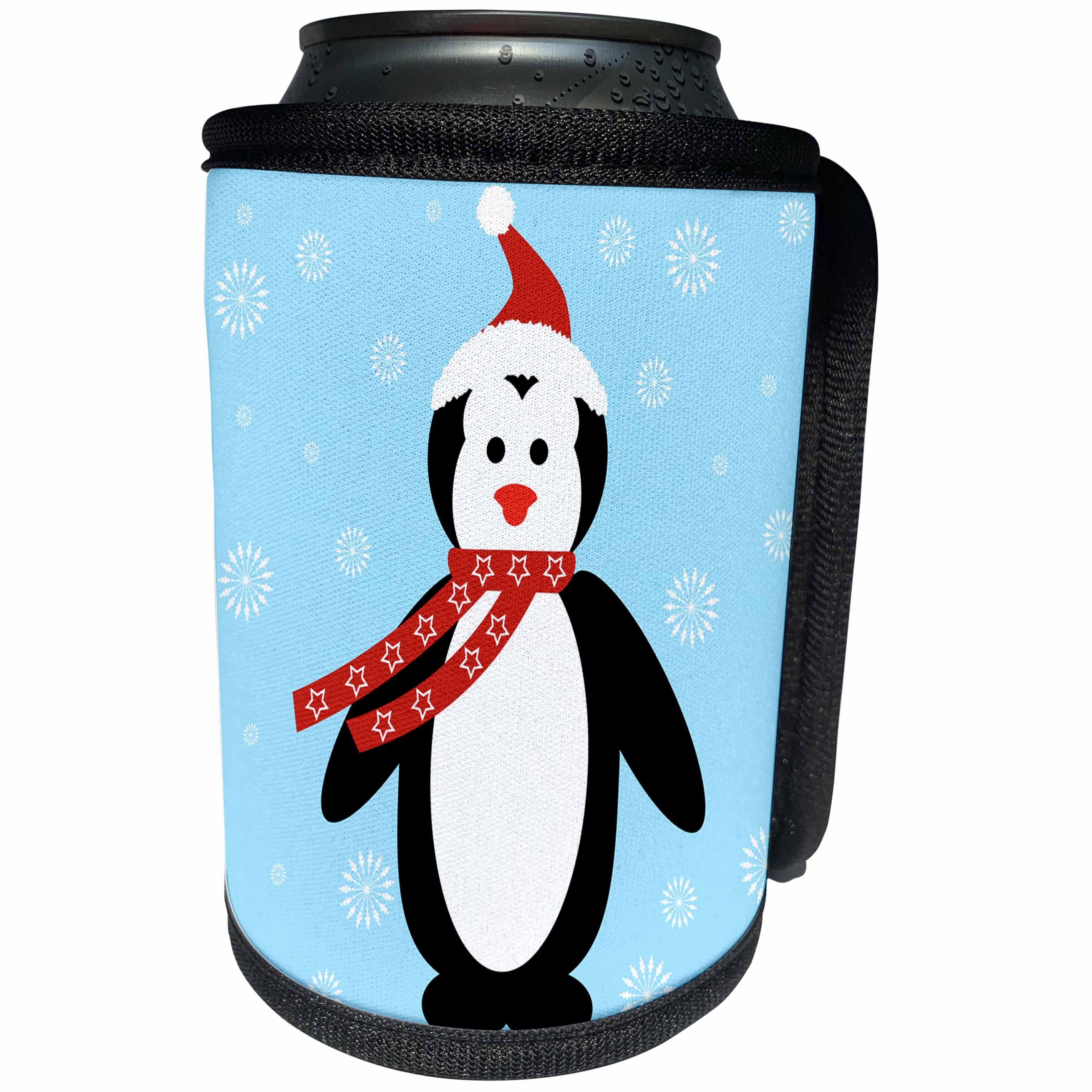 3dRose Sandy Mertens Christmas Animals - Cartoon Santa Hat Penguin with Snowflakes and Blue Background - Can Cooler Bottle Wrap (cc_269549)