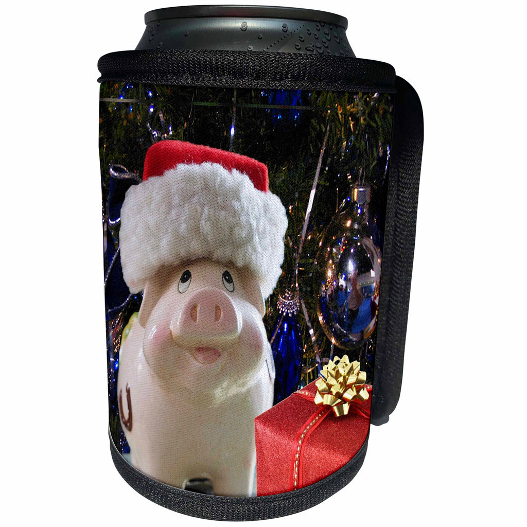3dRose Sandy Mertens Christmas Animals - Santa Hat Piggy Bank, Christmas Tree, Blue Ornaments, Red Gift Photo - Can Cooler Bottle Wrap (cc_269550)