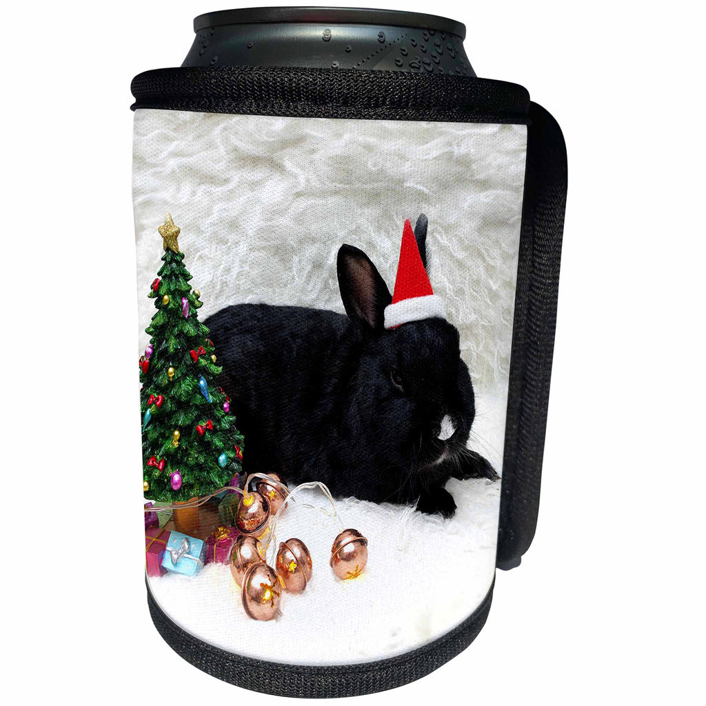 3dRose Sandy Mertens Christmas Animals - Santa Hat on Black Rabbit, Small Christmas Tree and Presents Image - Can Cooler Bottle Wrap (cc_269552)