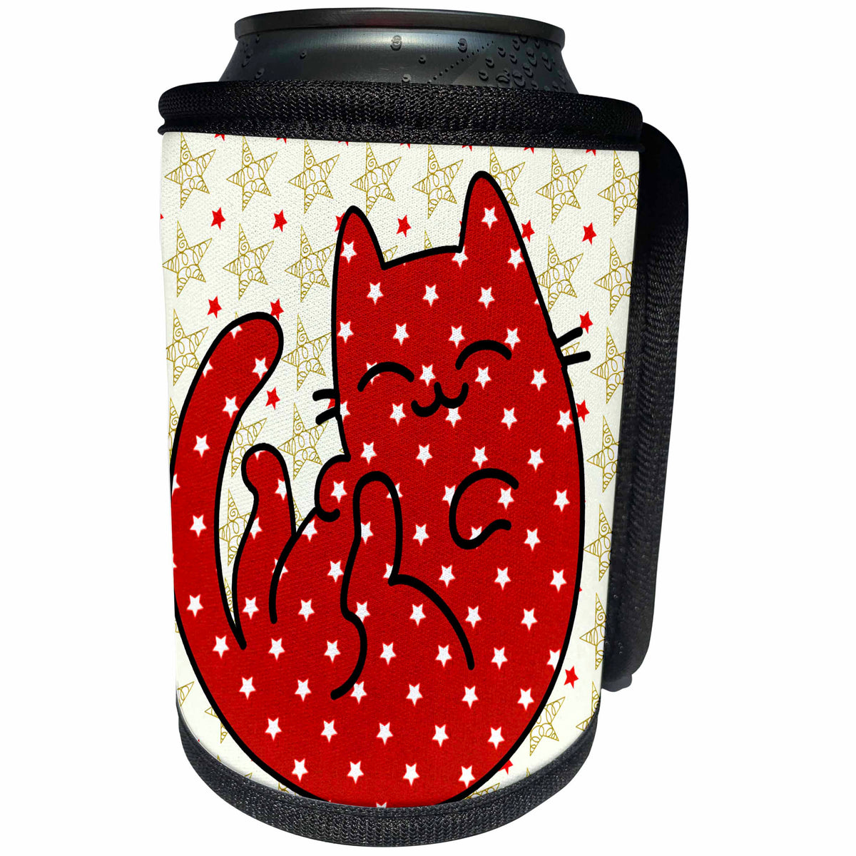 3dRose Doreen Erhardt Cats - Round Cartoon Cat Belly Up in Red Patterned Holiday Stars - Can Cooler Bottle Wrap (cc_269556)