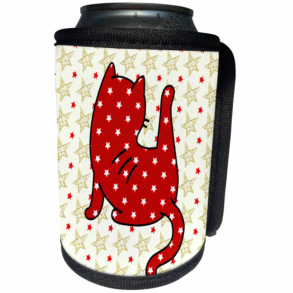 3dRose Doreen Erhardt Cats - Yoga Cat Pose Red Star Patterned Kitty Silhouette for Holidays - Can Cooler Bottle Wrap (cc_269557)