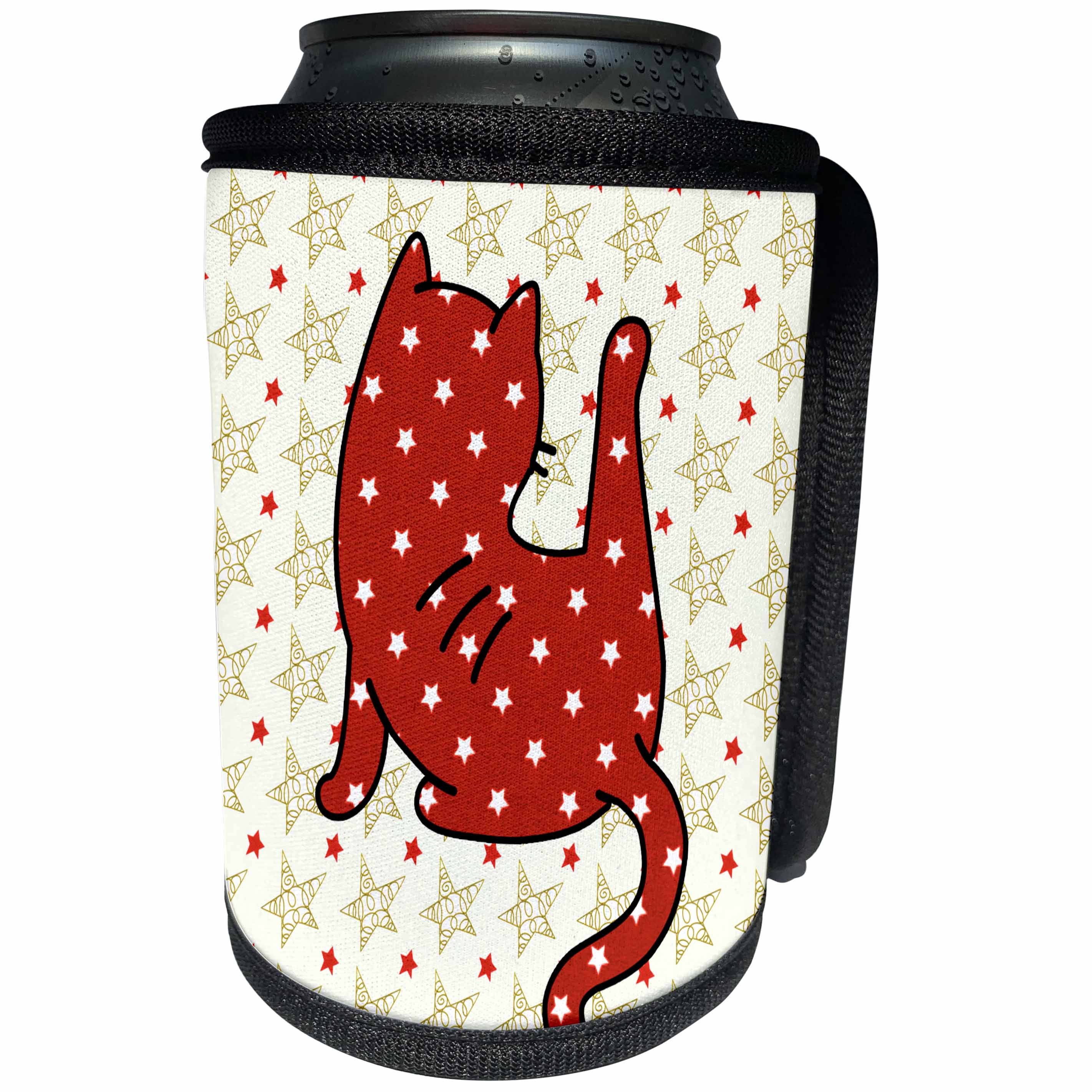 3dRose Doreen Erhardt Cats - Yoga Cat Pose Red Star Patterned Kitty Silhouette for Holidays - Can Cooler Bottle Wrap (cc_269557)
