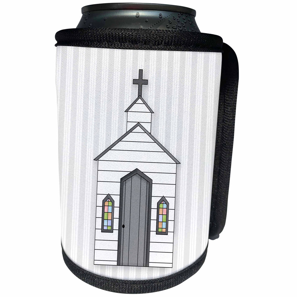 3dRose Doreen Erhardt Inspirational - Simple White Chapel with a Cross on Soft Vertical Gray Stripes - Can Cooler Bottle Wrap (cc_269559)