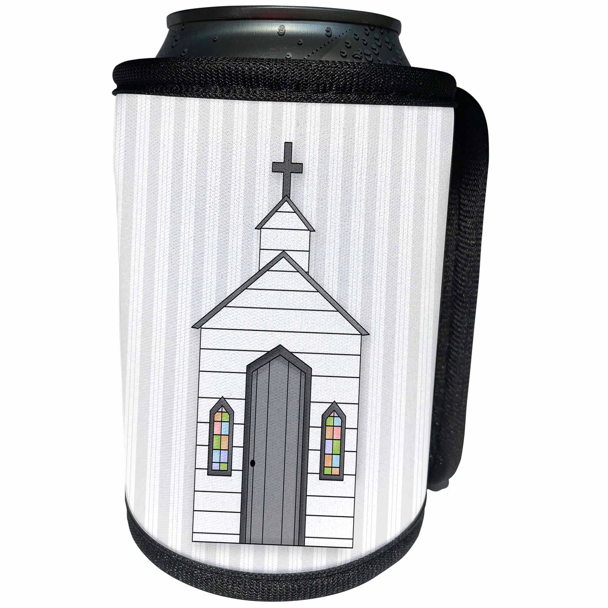 3dRose Doreen Erhardt Inspirational - Simple White Chapel with a Cross on Soft Vertical Gray Stripes - Can Cooler Bottle Wrap (cc_269559)