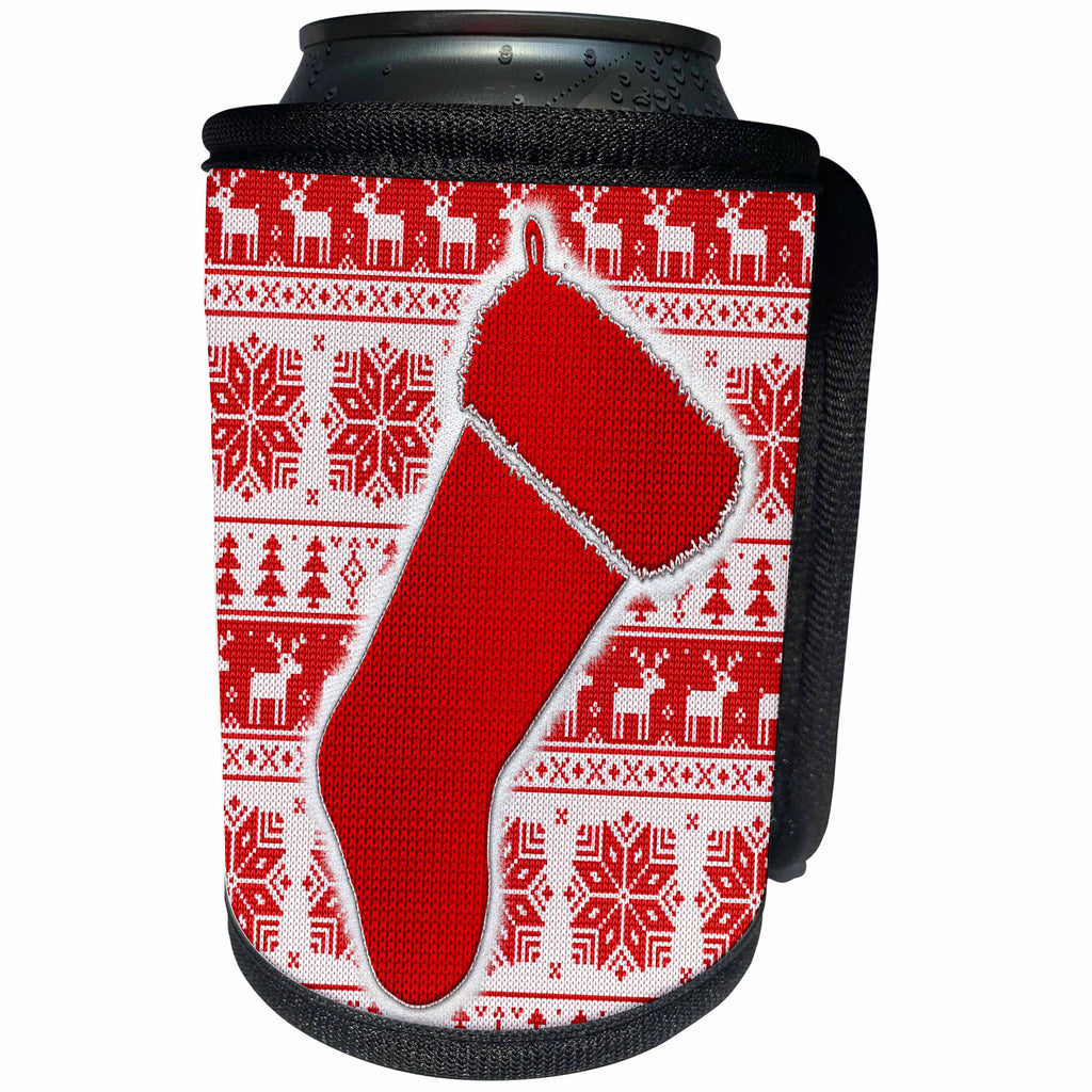 3dRose Doreen Erhardt Christmas Collection - Needlepoint Knit Patterns in Red and White with Christmas Stocking - Can Cooler Bottle Wrap (cc_269562)