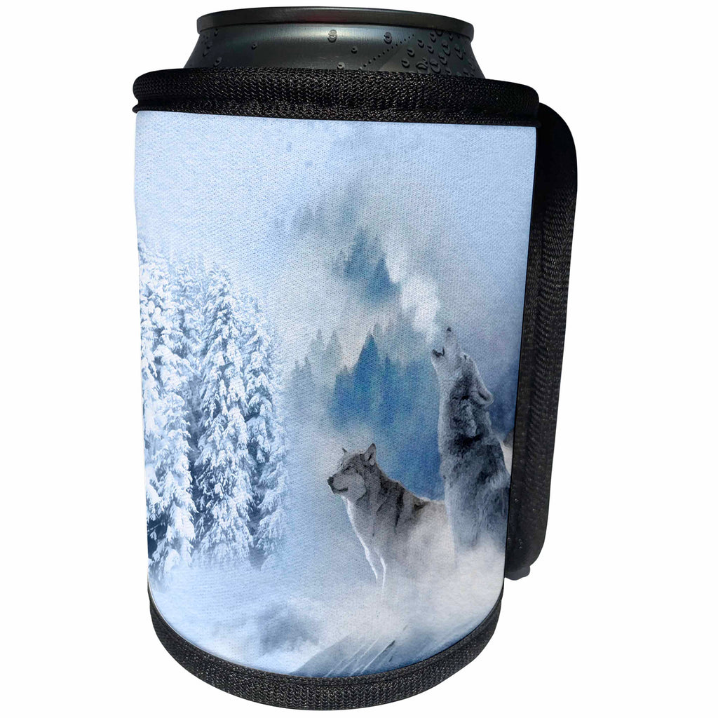 3dRose Doreen Erhardt Wildlife - Wolves in Winter Howling with Snowy Landscape and Pine Trees - Can Cooler Bottle Wrap (cc_269563)