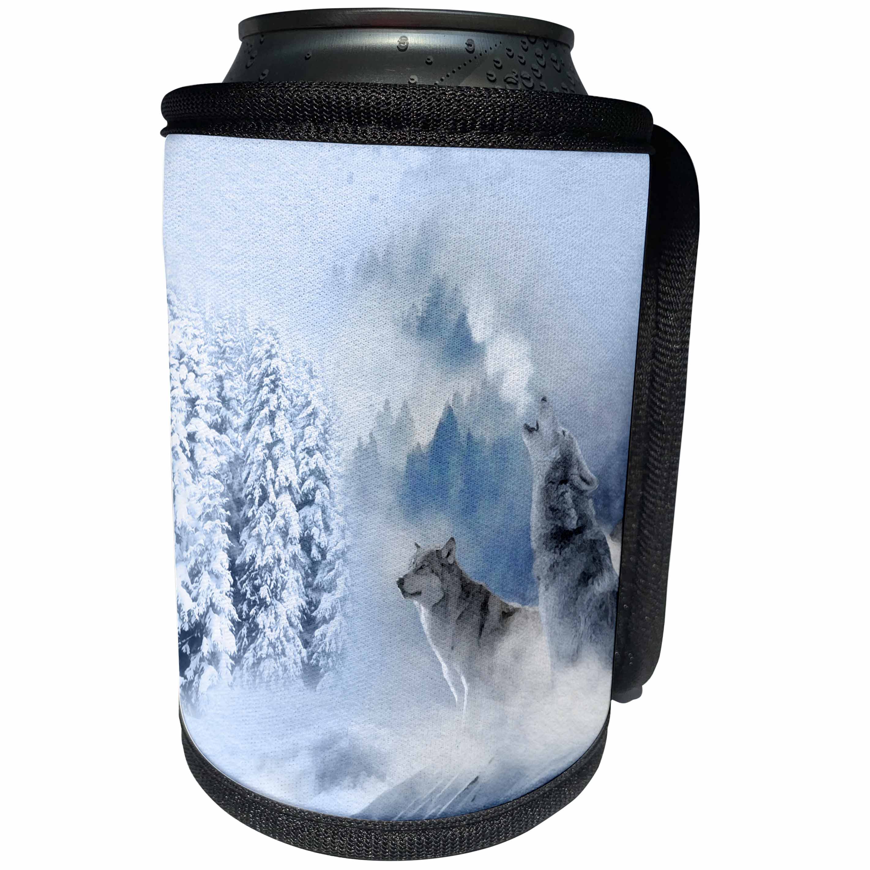 3dRose Doreen Erhardt Wildlife - Wolves in Winter Howling with Snowy Landscape and Pine Trees - Can Cooler Bottle Wrap (cc_269563)