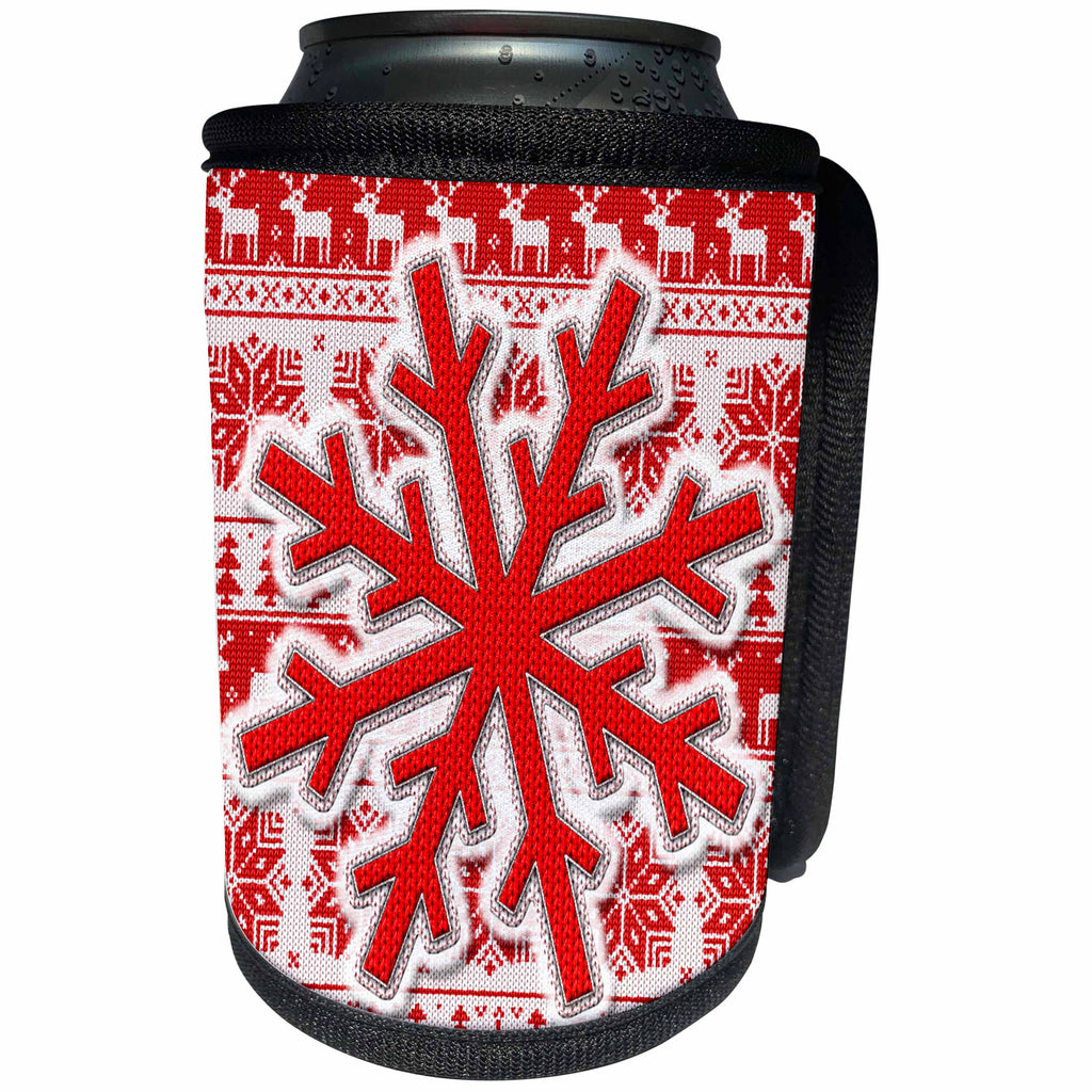3dRose Doreen Erhardt Christmas Collection - Red and White Knit Snowflake on Needlework Patterned Holiday Design - Can Cooler Bottle Wrap (cc_269564)