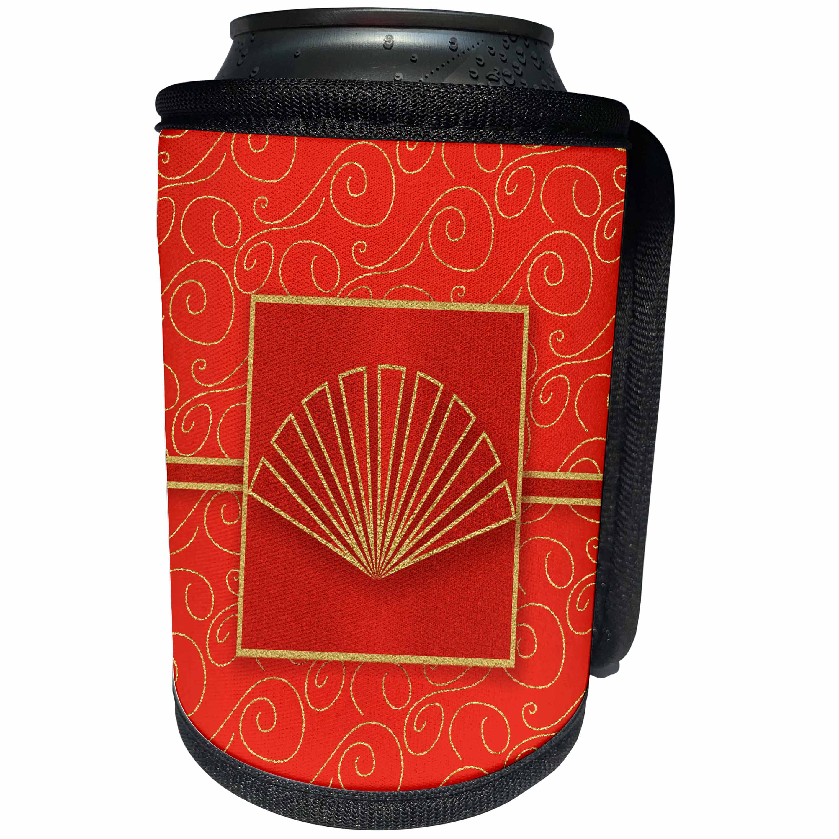 3dRose Doreen Erhardt New Year Collection - Chinese Red and Gold with Asian Fan for Festivals and Celebrations - Can Cooler Bottle Wrap (cc_269568)
