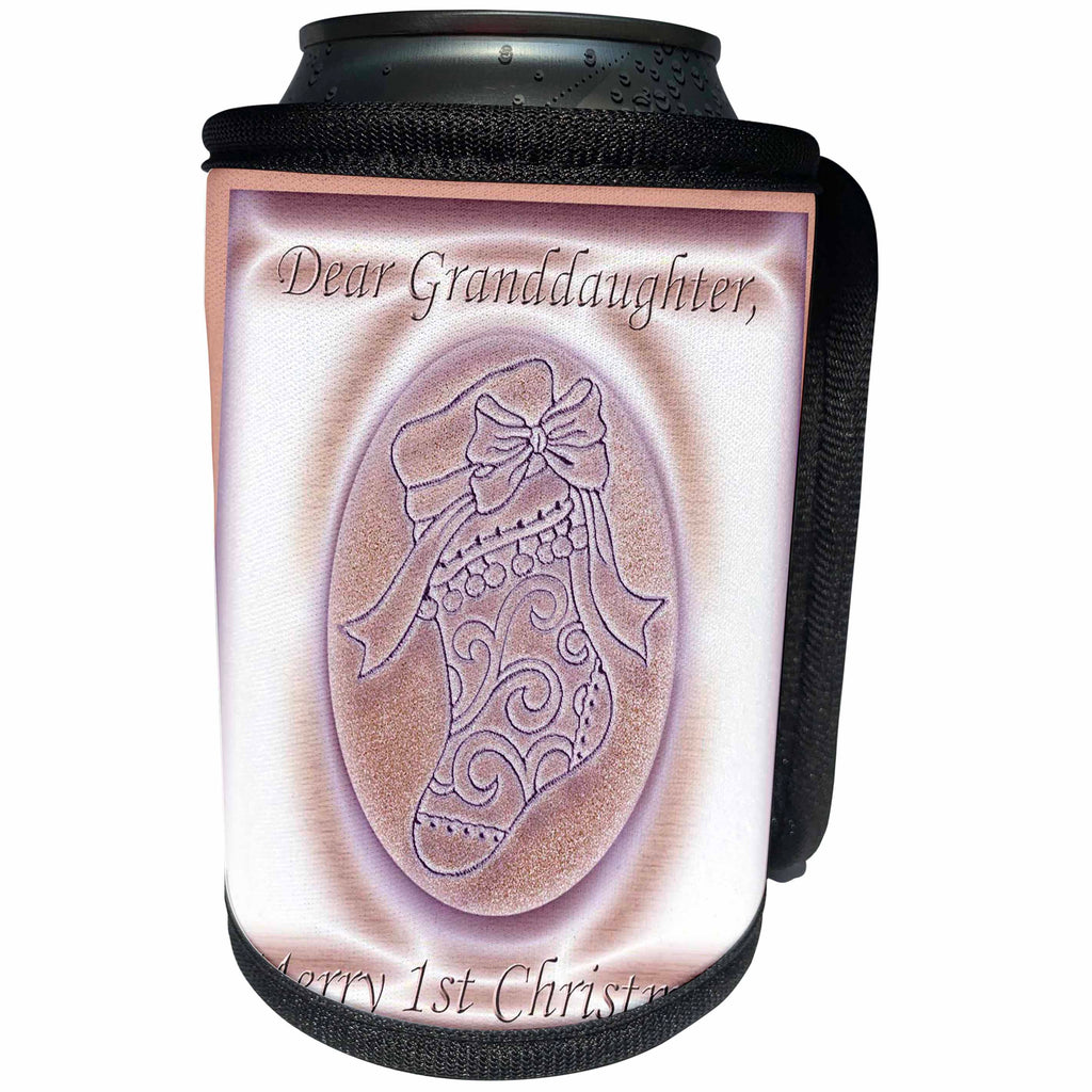 3dRose Beverly Turner Christmas Design - Pink Stocking 1st Christmas to Granddaughter - Can Cooler Bottle Wrap (cc_26959)