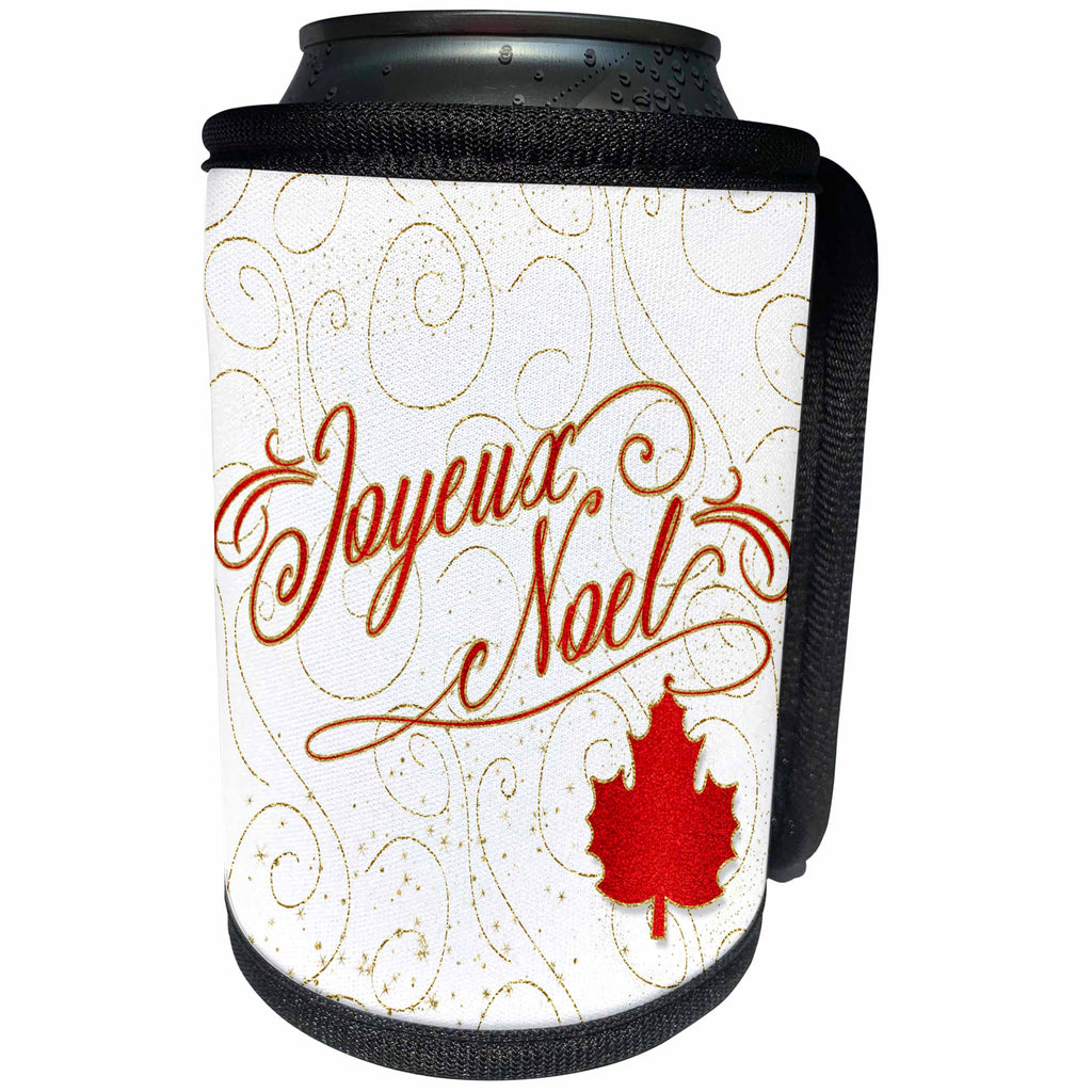 3dRose Doreen Erhardt Christmas Around the World - Joyeux Noel from Canada Maple Leaf and Gold Swirl Typography Holiday - Can Cooler Bottle Wrap (cc_269593)