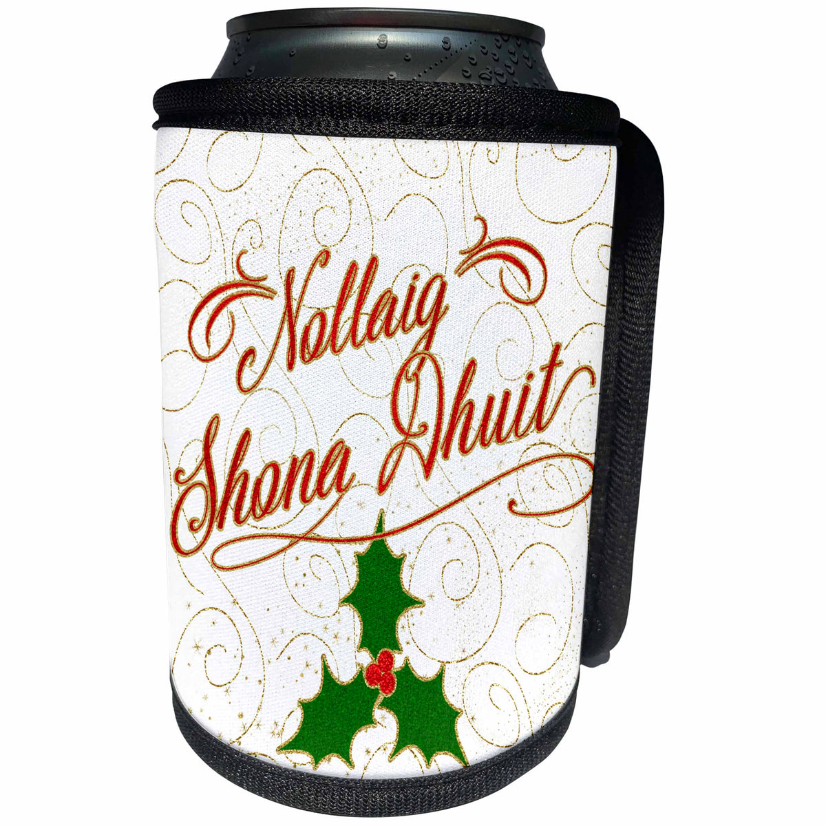 3dRose Doreen Erhardt Christmas Around the World - Ireland Nollaig Shona Dhuit Christmas Holly Typography in Red and Gold - Can Cooler Bottle Wrap (cc_269596)