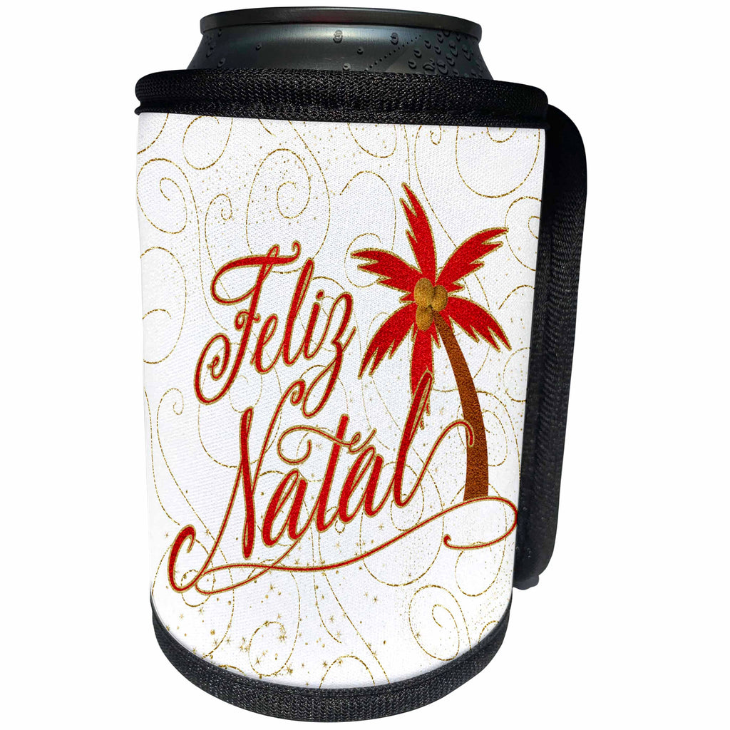 3dRose Doreen Erhardt Christmas Around the World - Brazil Feliz Natal Merry Christmas with Palm Tree in Red and Gold - Can Cooler Bottle Wrap (cc_269597)