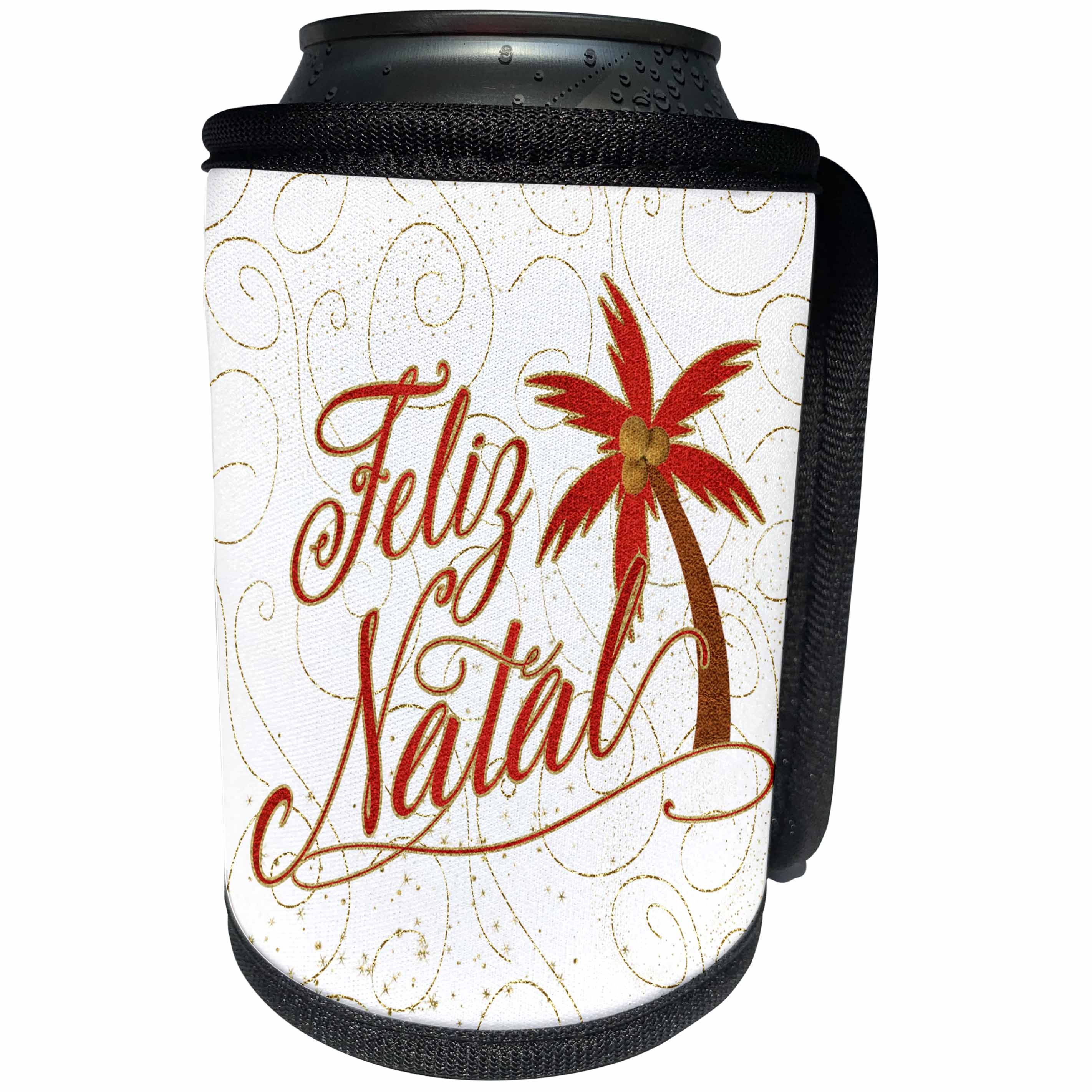 3dRose Doreen Erhardt Christmas Around the World - Brazil Feliz Natal Merry Christmas with Palm Tree in Red and Gold - Can Cooler Bottle Wrap (cc_269597)