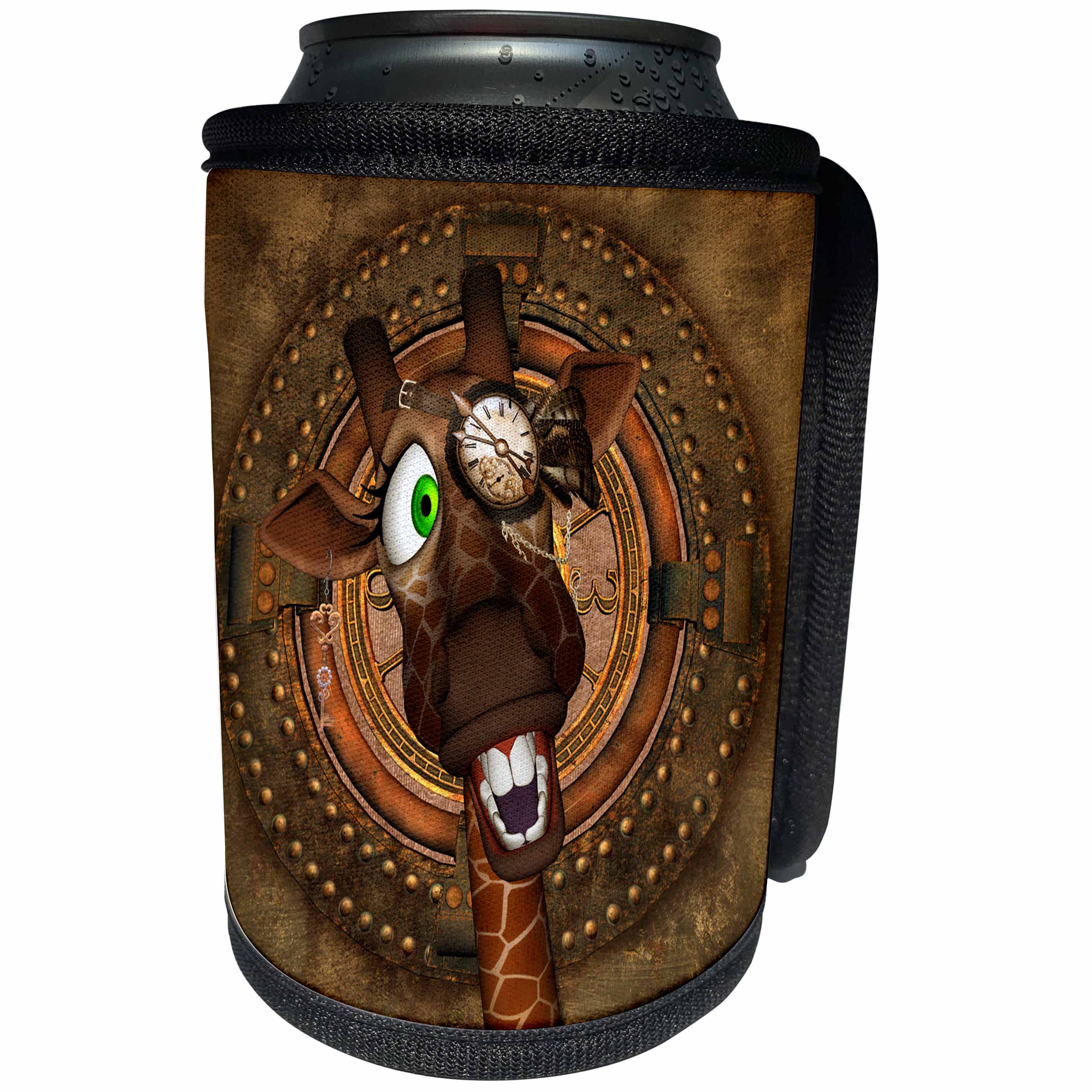3dRose Heike Köhnen Design Steampunk - Steampunk, funny steampunk giraffe with clock - Can Cooler Bottle Wrap (cc_269618)
