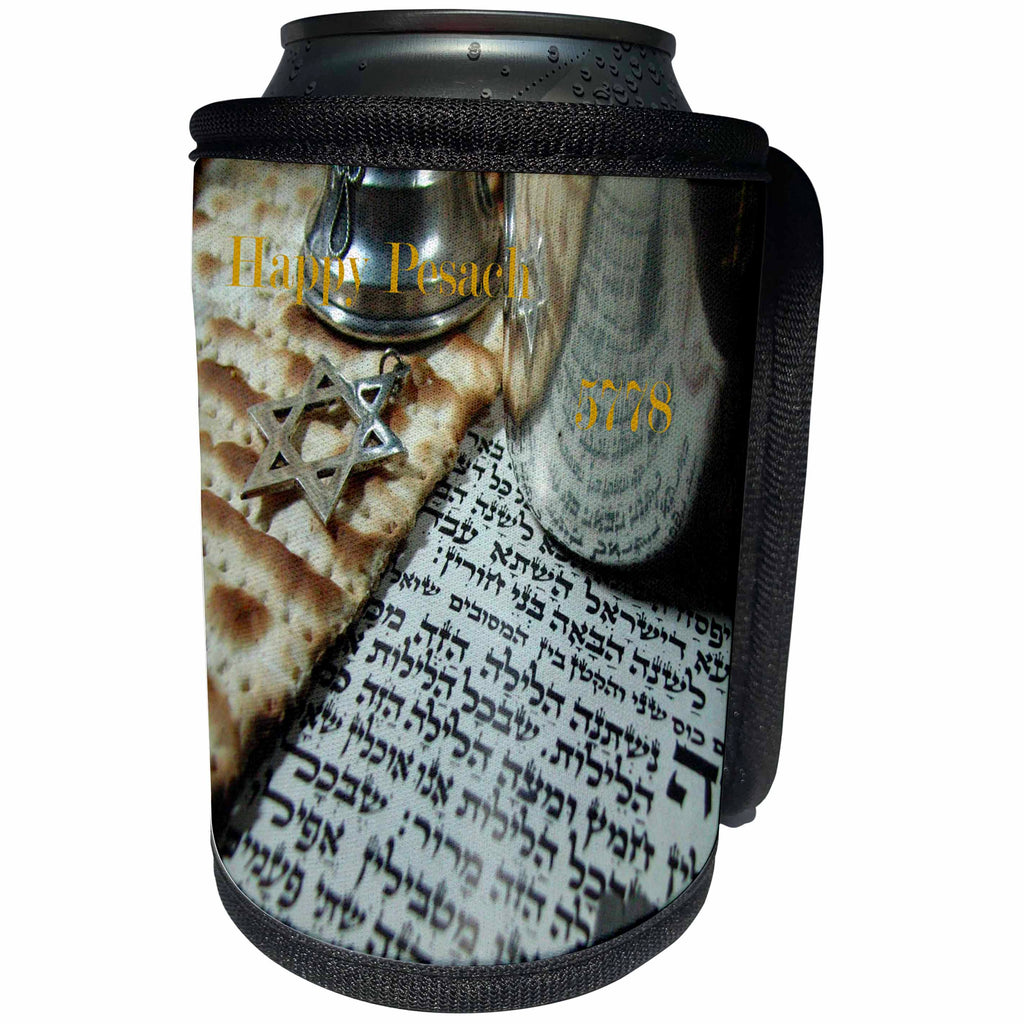3dRose Jewish Themes - Image of Traditional Pesach On Hebrew With Matzoh 5778 - Can Cooler Bottle Wrap (cc_269630)