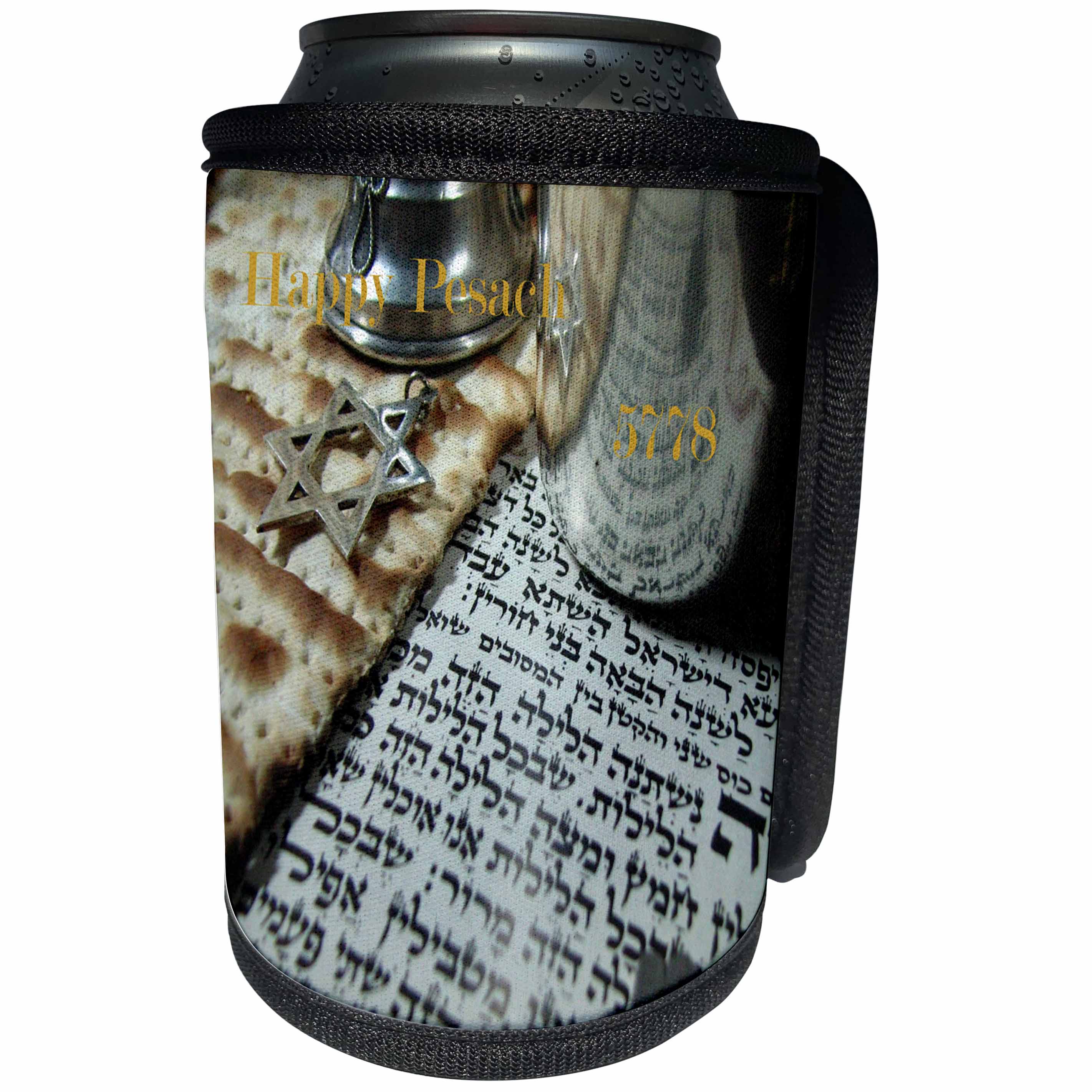 3dRose Jewish Themes - Image of Traditional Pesach On Hebrew With Matzoh 5778 - Can Cooler Bottle Wrap (cc_269630)