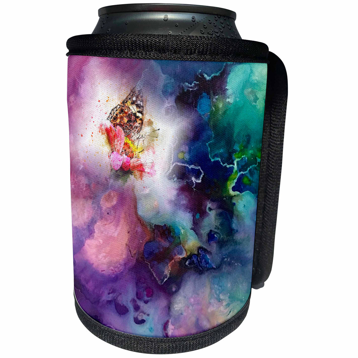 3dRose Abstract Watercolors - Image of Watercolors Purple and Green With Butterfly - Can Cooler Bottle Wrap (cc_269636)