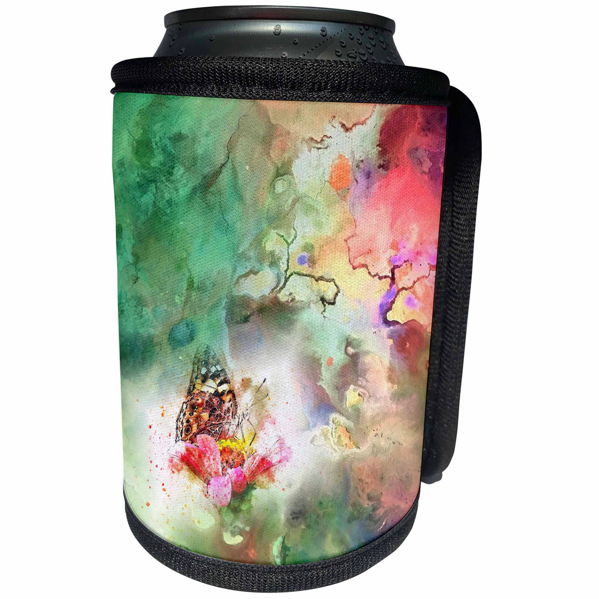 3dRose Abstract Watercolors - Image of Watercolor Painting Green and Pink With Monarch - Can Cooler Bottle Wrap (cc_269637)