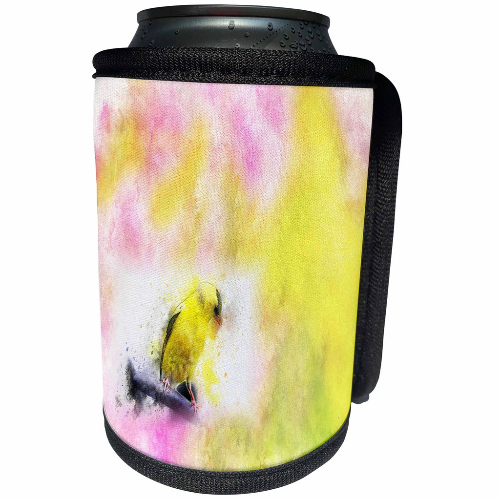 3dRose Abstract Watercolors - Image of Watercolor Pink and Yellow With Yellow Bird - Can Cooler Bottle Wrap (cc_269638)