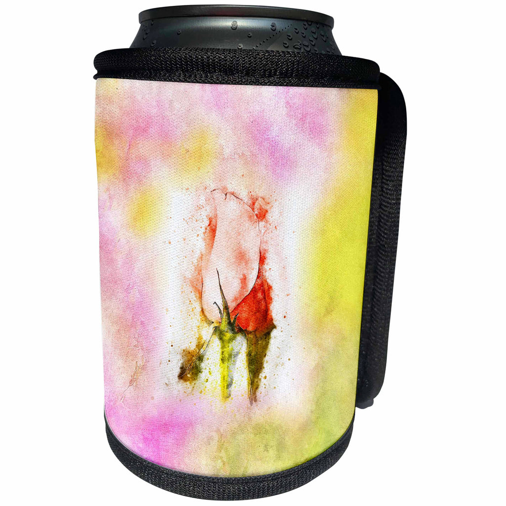 3dRose Abstract Watercolors - Image of Watercolor Pink and Yellow With Rosebuds - Can Cooler Bottle Wrap (cc_269639)