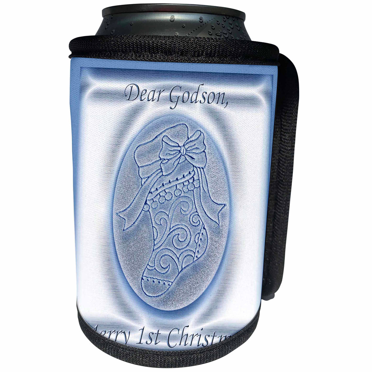 3dRose Beverly Turner Christmas Design - Blue Stocking 1st Christmas to Godson - Can Cooler Bottle Wrap (cc_26964)