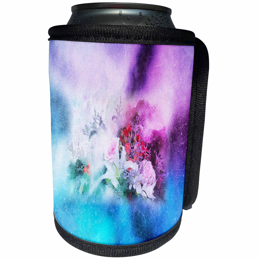 3dRose Abstract Watercolors - Image of Watercolor Painting Purple and Blue With Flowers - Can Cooler Bottle Wrap (cc_269641)