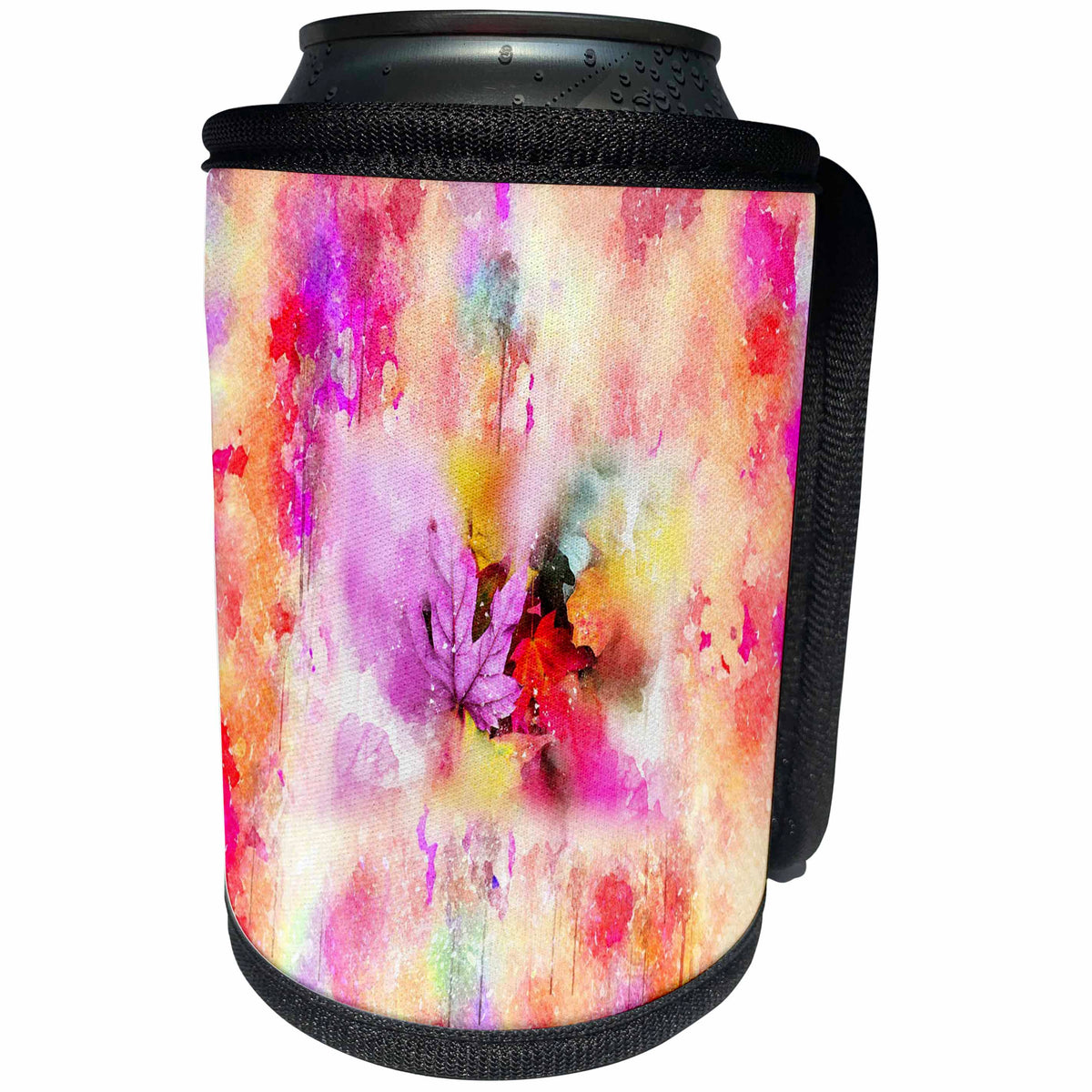 3dRose Abstract Watercolors - Image of Watercolor Drip in Fuchsia and Yellow With Leaves - Can Cooler Bottle Wrap (cc_269643)