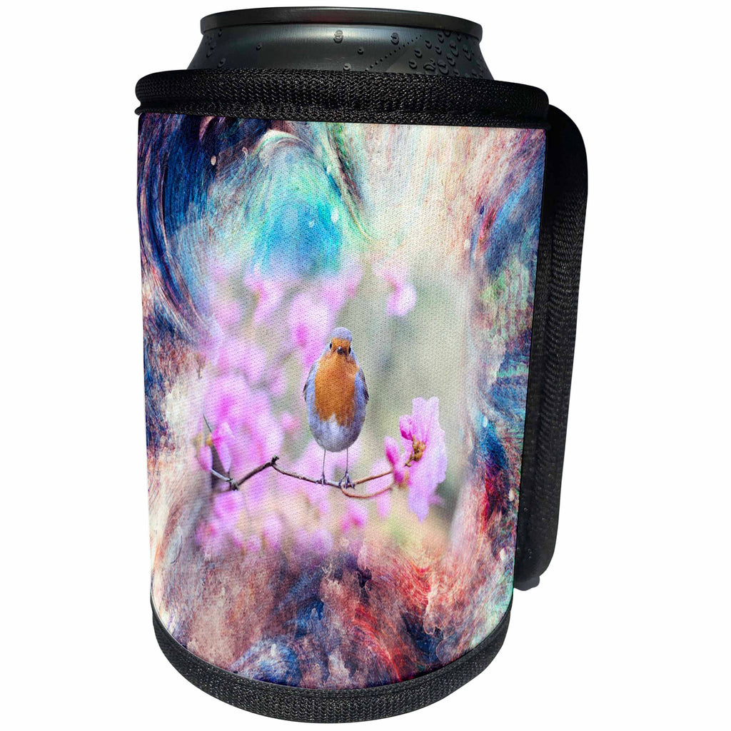 3dRose Abstract Watercolors - Image of Watercolor Swirl Of Colors With Robin Bird - Can Cooler Bottle Wrap (cc_269647)