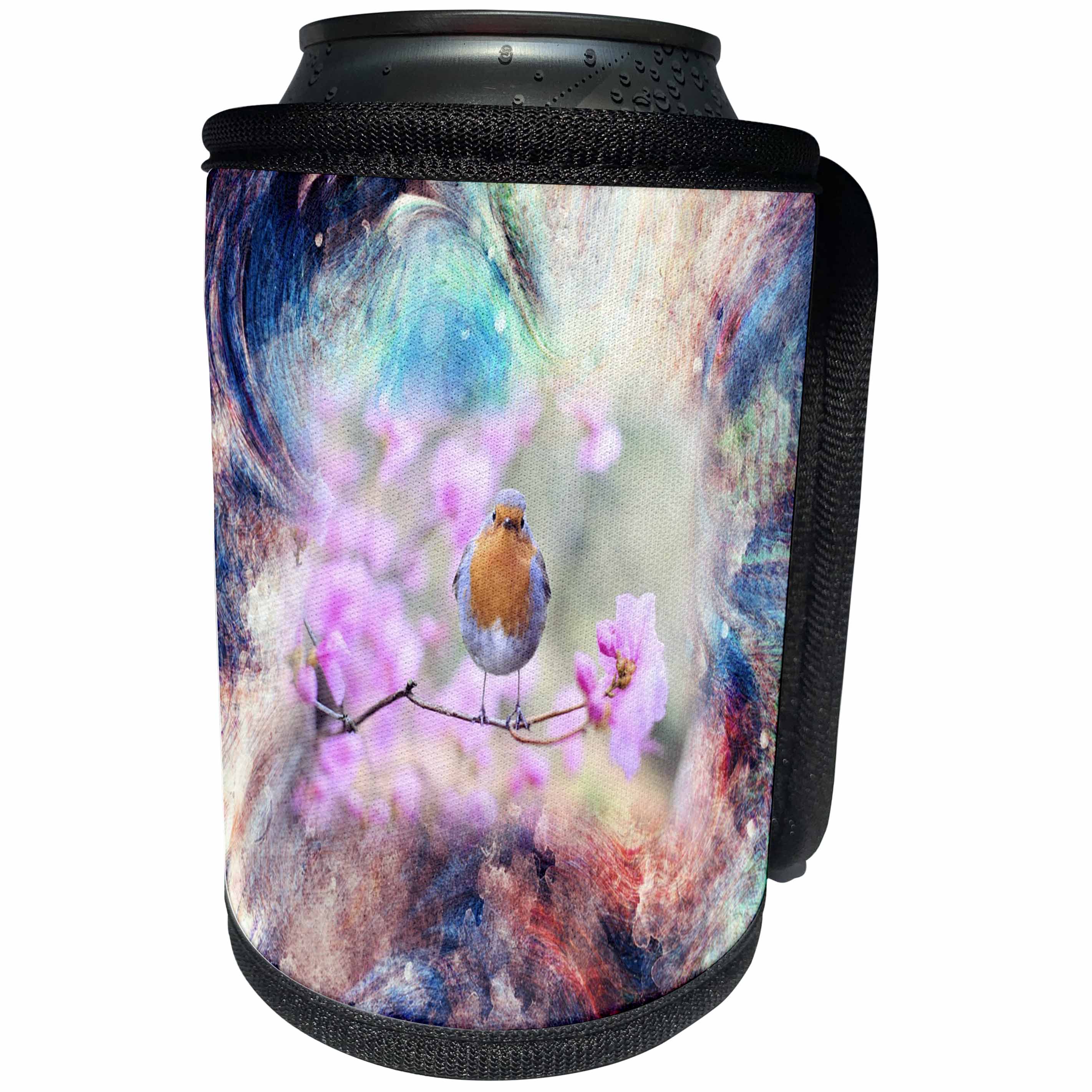 3dRose Abstract Watercolors - Image of Watercolor Swirl Of Colors With Robin Bird - Can Cooler Bottle Wrap (cc_269647)