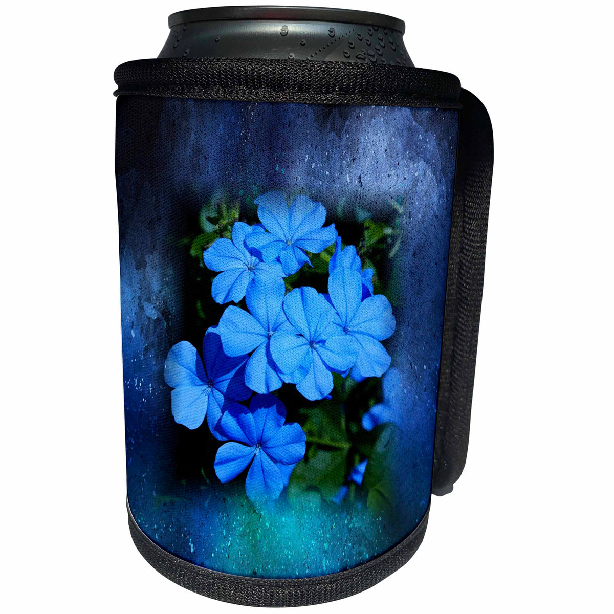 3dRose Abstract Watercolors - image of Watercolor Blue With Sparkle and Blue Flowers - Can Cooler Bottle Wrap (cc_269648)