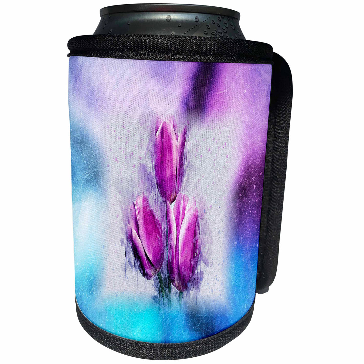 3dRose Abstract Watercolors - Image of Watercolor Aqua and Red Violet Blur With Tulip - Can Cooler Bottle Wrap (cc_269649)