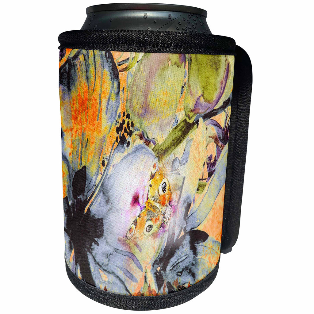 3dRose Abstract Watercolors - Image of Watercolor Black Gray and Orange With Butterfly - Can Cooler Bottle Wrap (cc_269650)