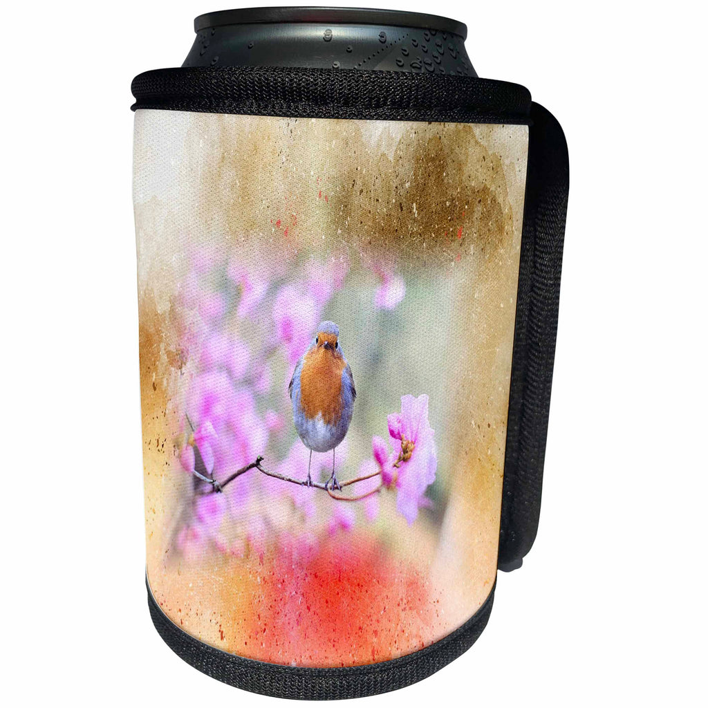 3dRose Abstract Watercolors - Image of Watercolor Brown and Peach With Robin Bird - Can Cooler Bottle Wrap (cc_269653)