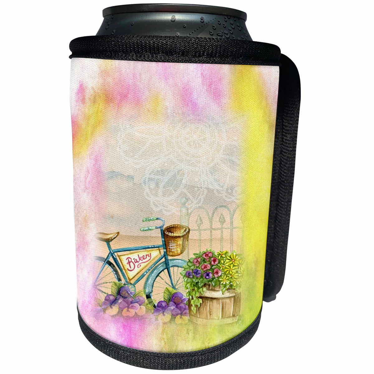 3dRose Abstract Watercolors - Image of Watercolor Pink and Yellow With Antique Bike - Can Cooler Bottle Wrap (cc_269654)