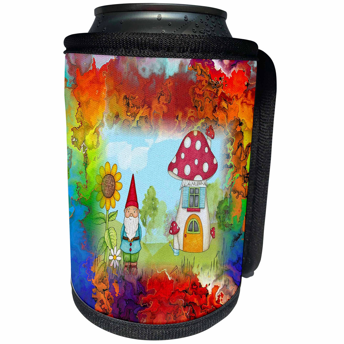 3dRose Abstract Watercolors - Image of Watercolor Red Blue and Orange With Gnome - Can Cooler Bottle Wrap (cc_269655)