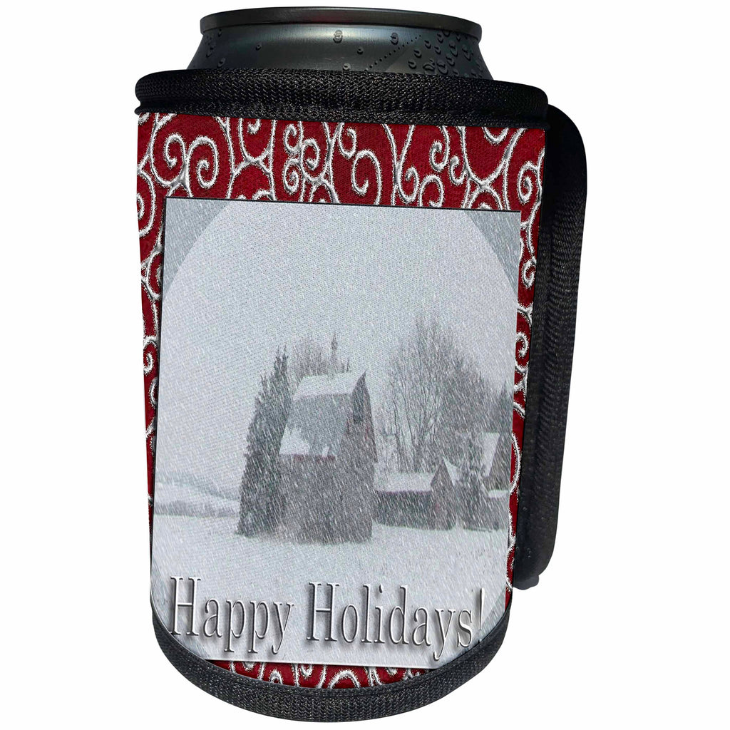 3dRose Beverly Turner Christmas Design and Photography - Winter Country Farm in the Winter Happy Holidays - Can Cooler Bottle Wrap (cc_26967)