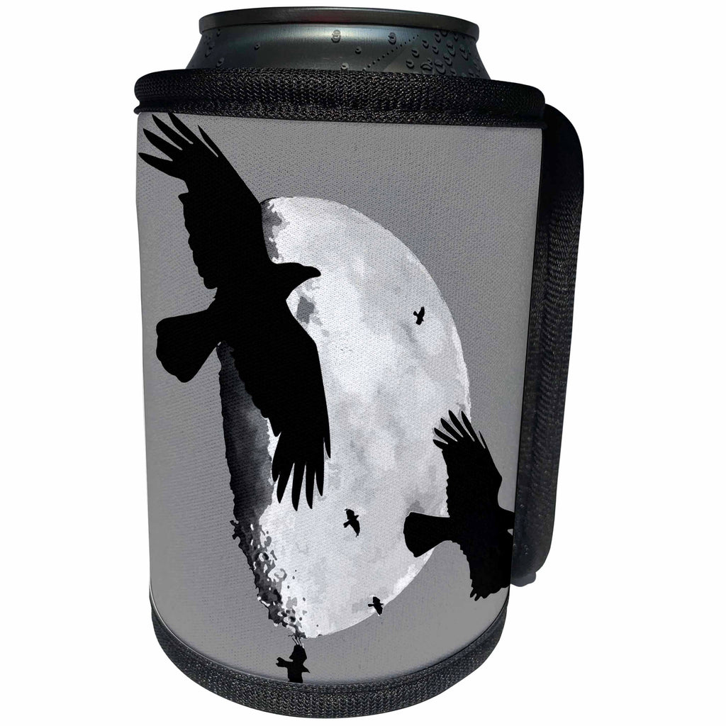 3dRose Taiche - Vector - Halloween Crows - A Murder Of Crows Flying Across The Moon - Can Cooler Bottle Wrap (cc_269736)