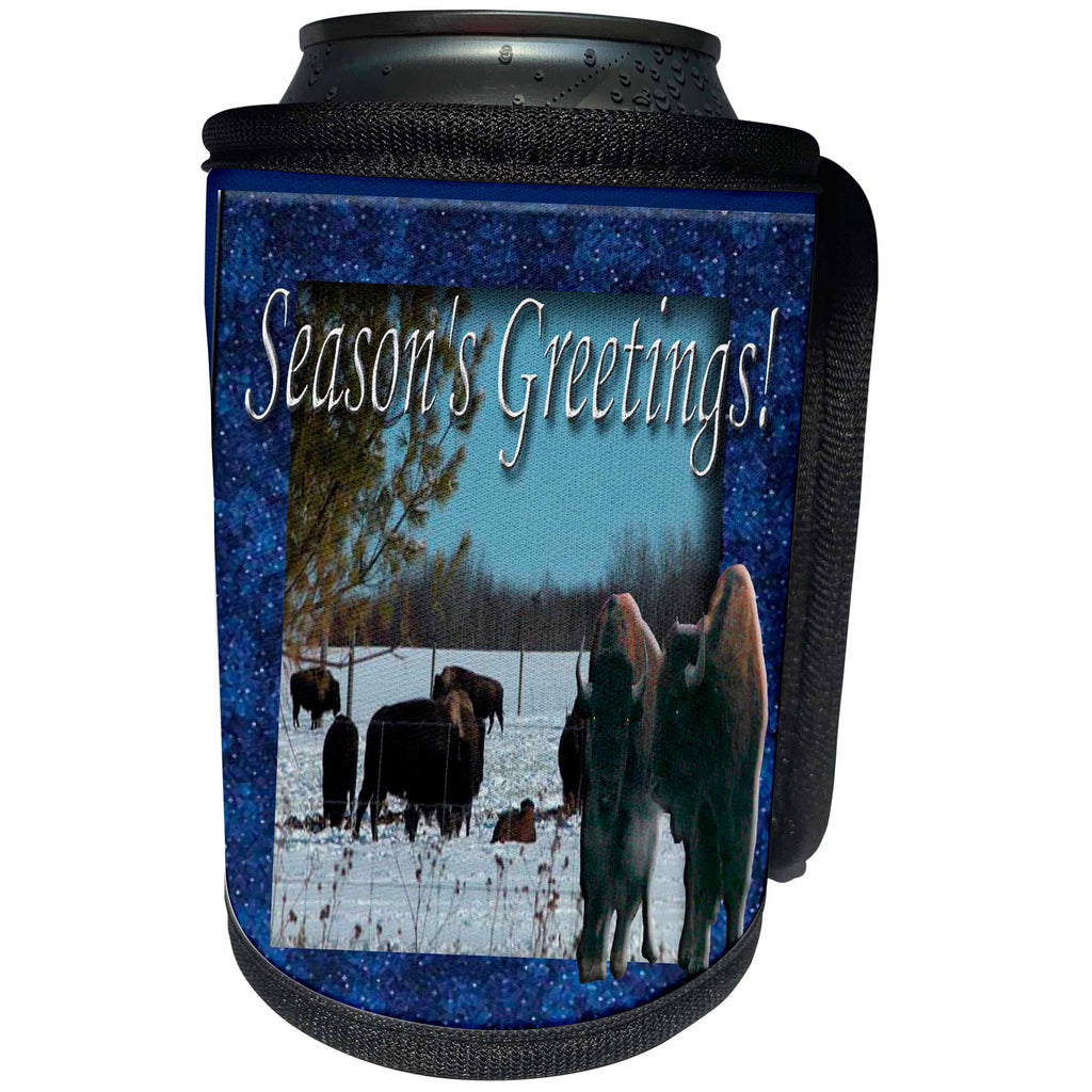 3dRose Beverly Turner Christmas Design and Photography - Buffalos Seasons Greetings Huffing and Puffing - Can Cooler Bottle Wrap (cc_26974)